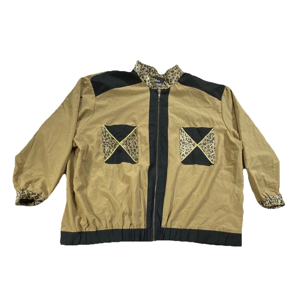 Vintage Silver Threads Jacket Women Khaki Black Long Sleeve Lightweight Full Zip